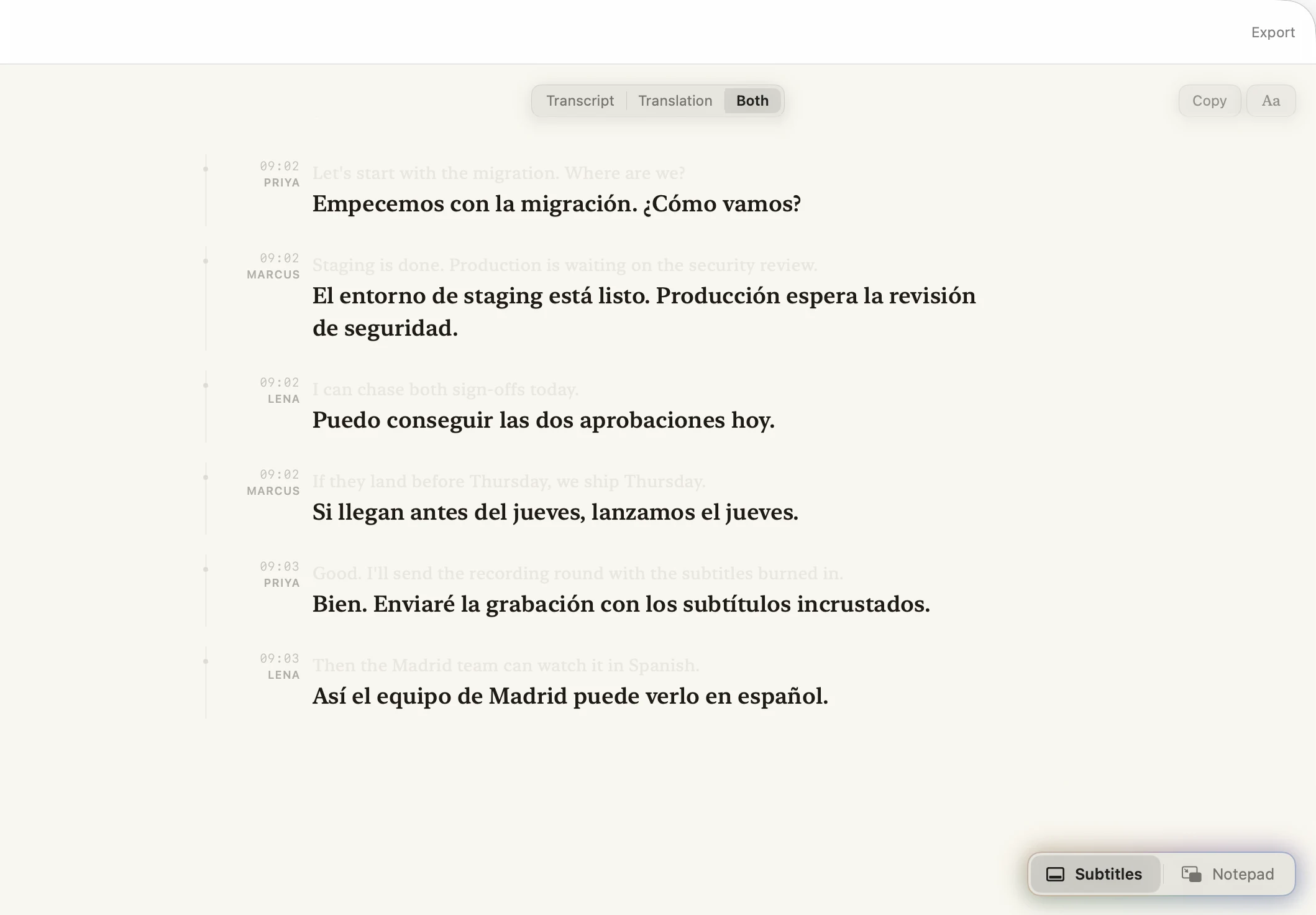 Okato showing both: each English line, faint, above its Spanish translation