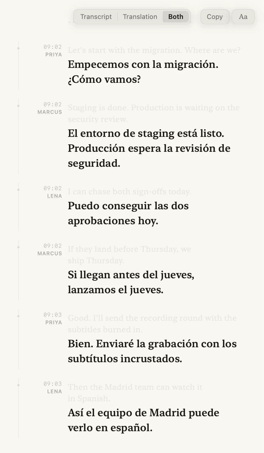 Okato's window during the standup: each English line with its Spanish translation beneath, and the speakers named Priya, Marcus and Lena