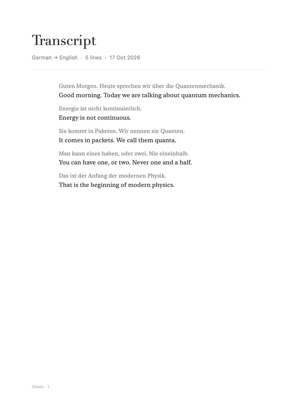 The PDF export's first page: the lecture, German above English, under the title Transcript