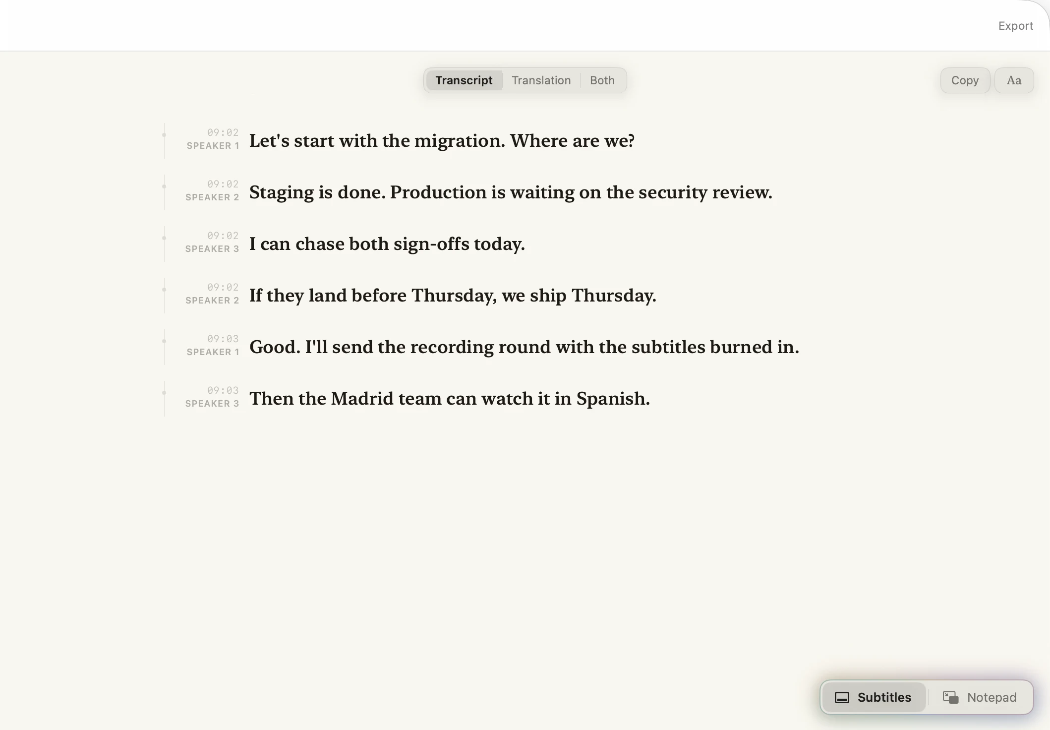 Okato's window transcribing a team standup from Safari, each line timed and labelled Speaker 1, 2 or 3