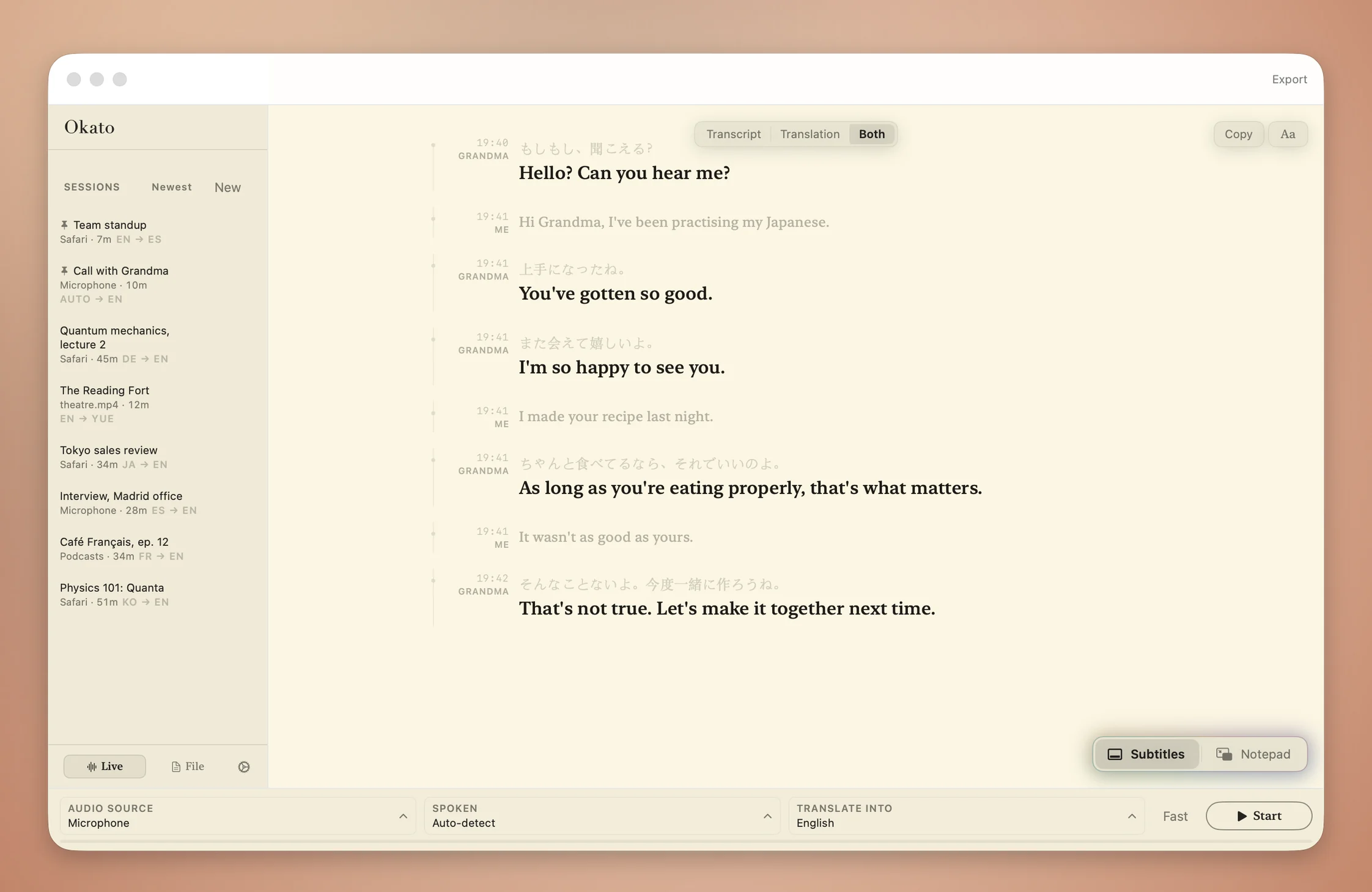 Okato in the Cream theme transcribing a call, Japanese from Grandma with English underneath