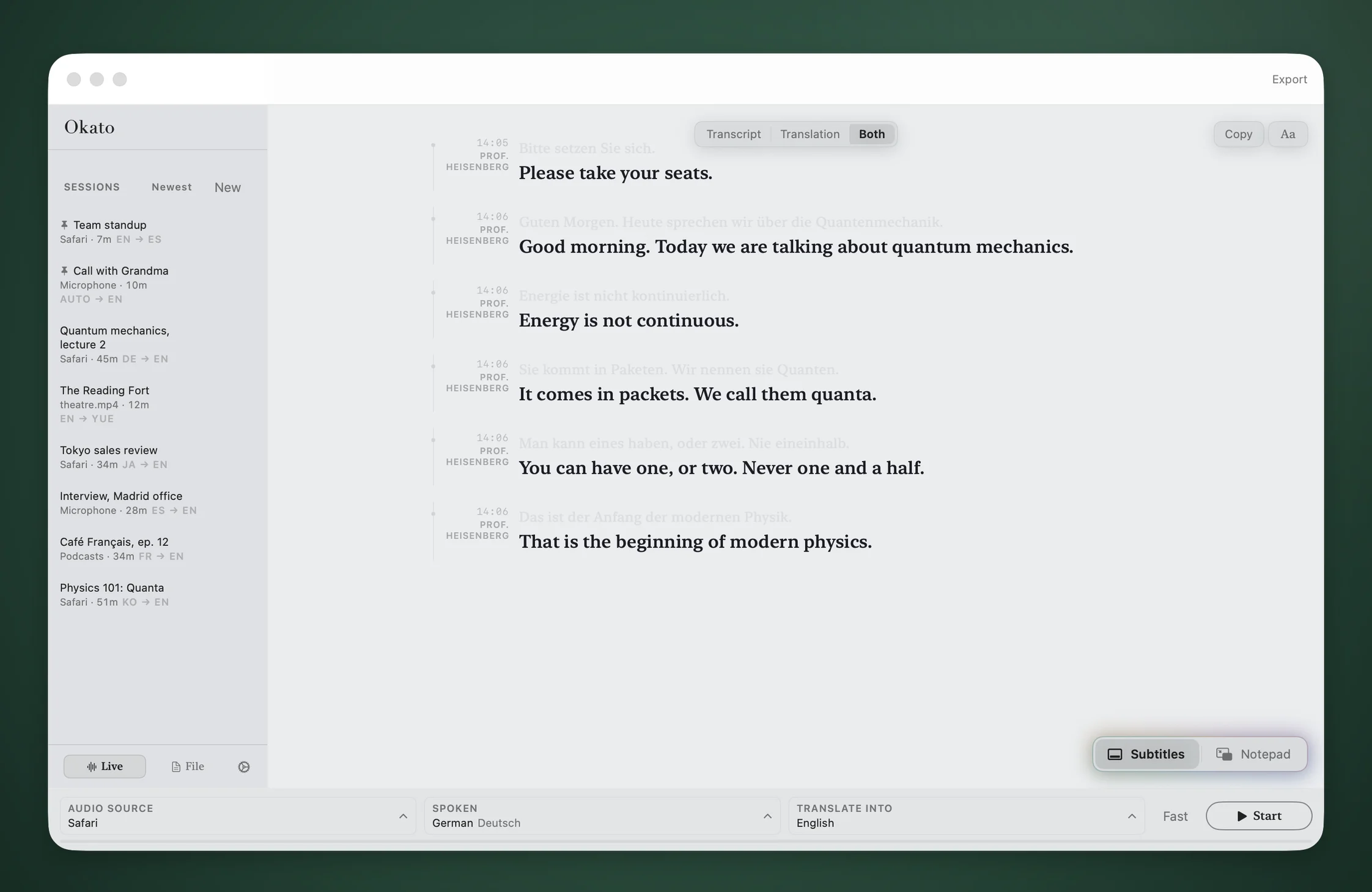 Okato in the Cool Grey theme transcribing a German physics lecture from Safari, German above English