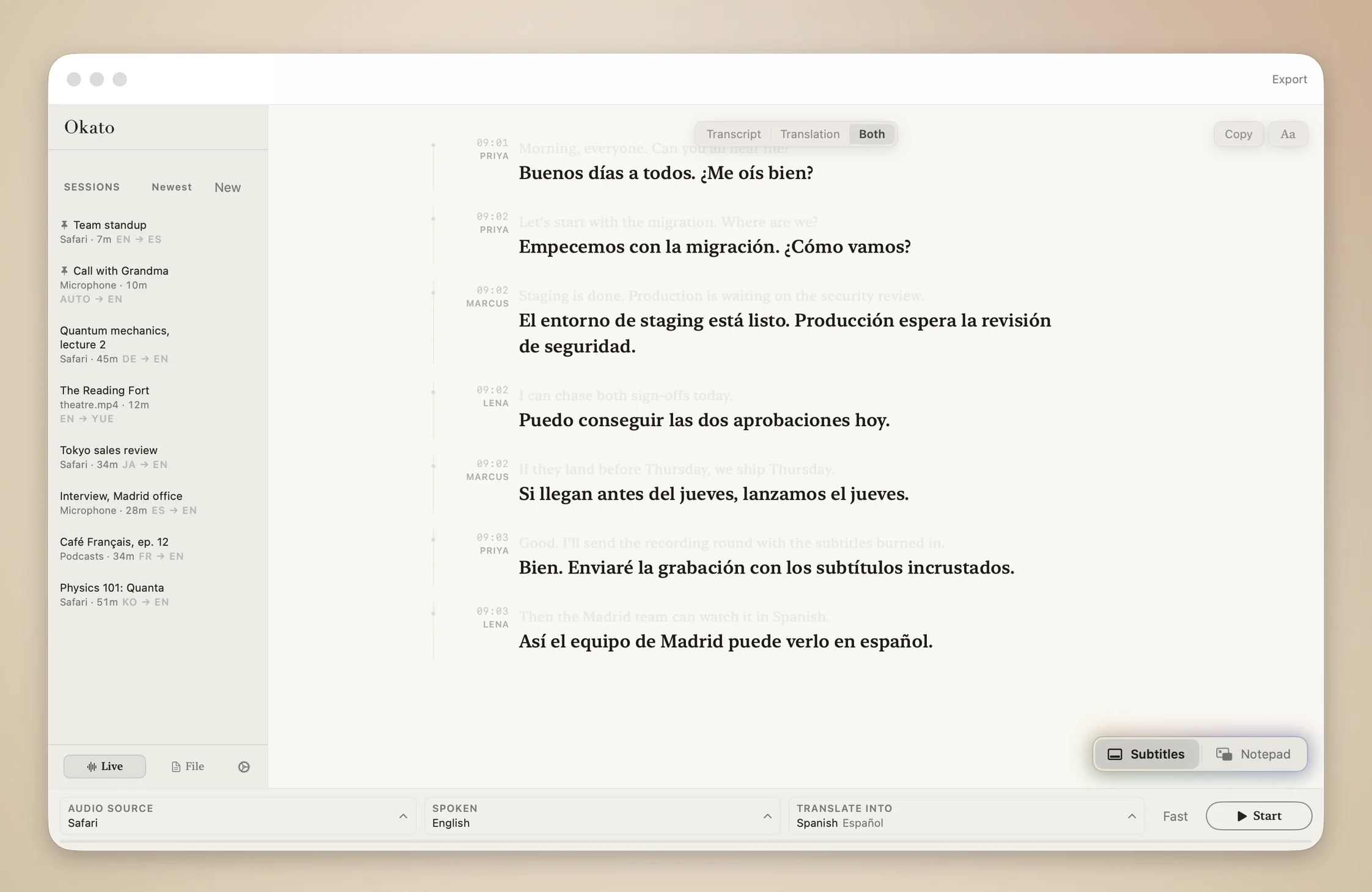 Okato in the Ivory theme transcribing a team standup from Safari, three speakers named, English above Spanish