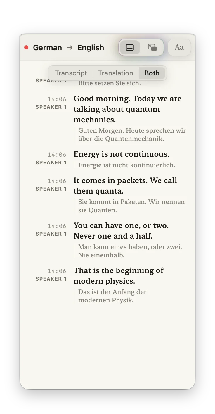 Okato's notepad, with the lecture in English and the German beneath each line