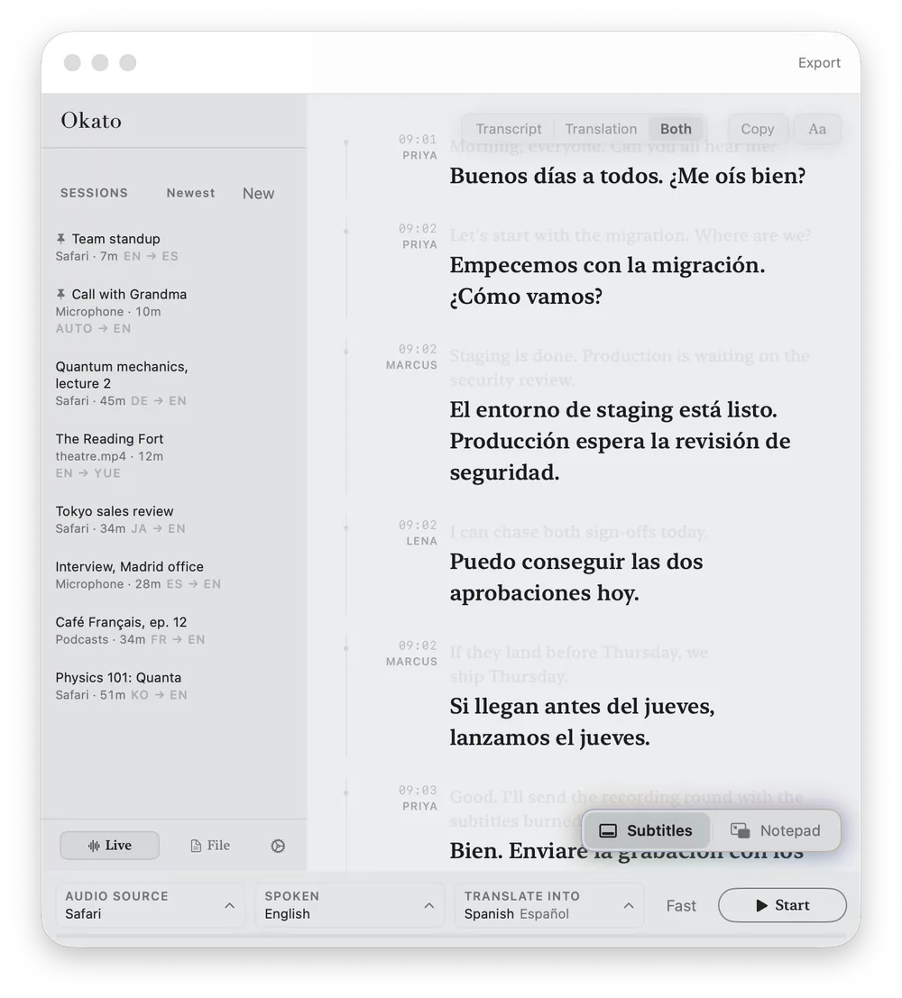 Okato's window in the Cool Grey reading theme: a team standup in English, translated into Spanish