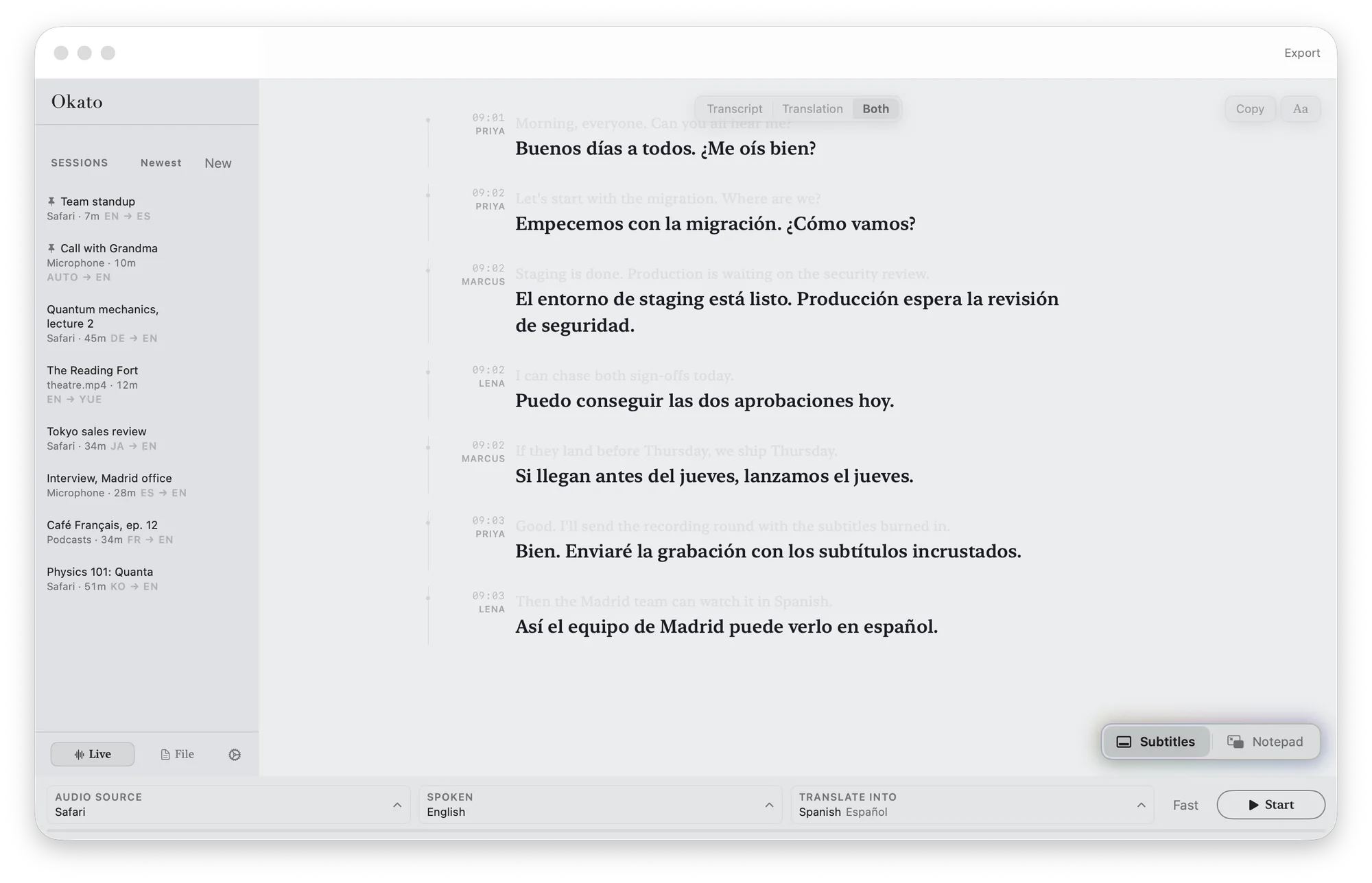 Okato's window in the Cool Grey reading theme: a team standup in English, translated into Spanish