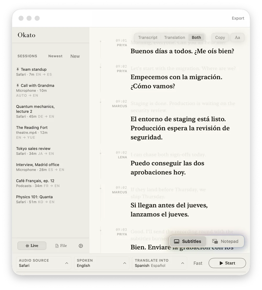 Okato's window in the Ivory reading theme: a team standup in English, translated into Spanish