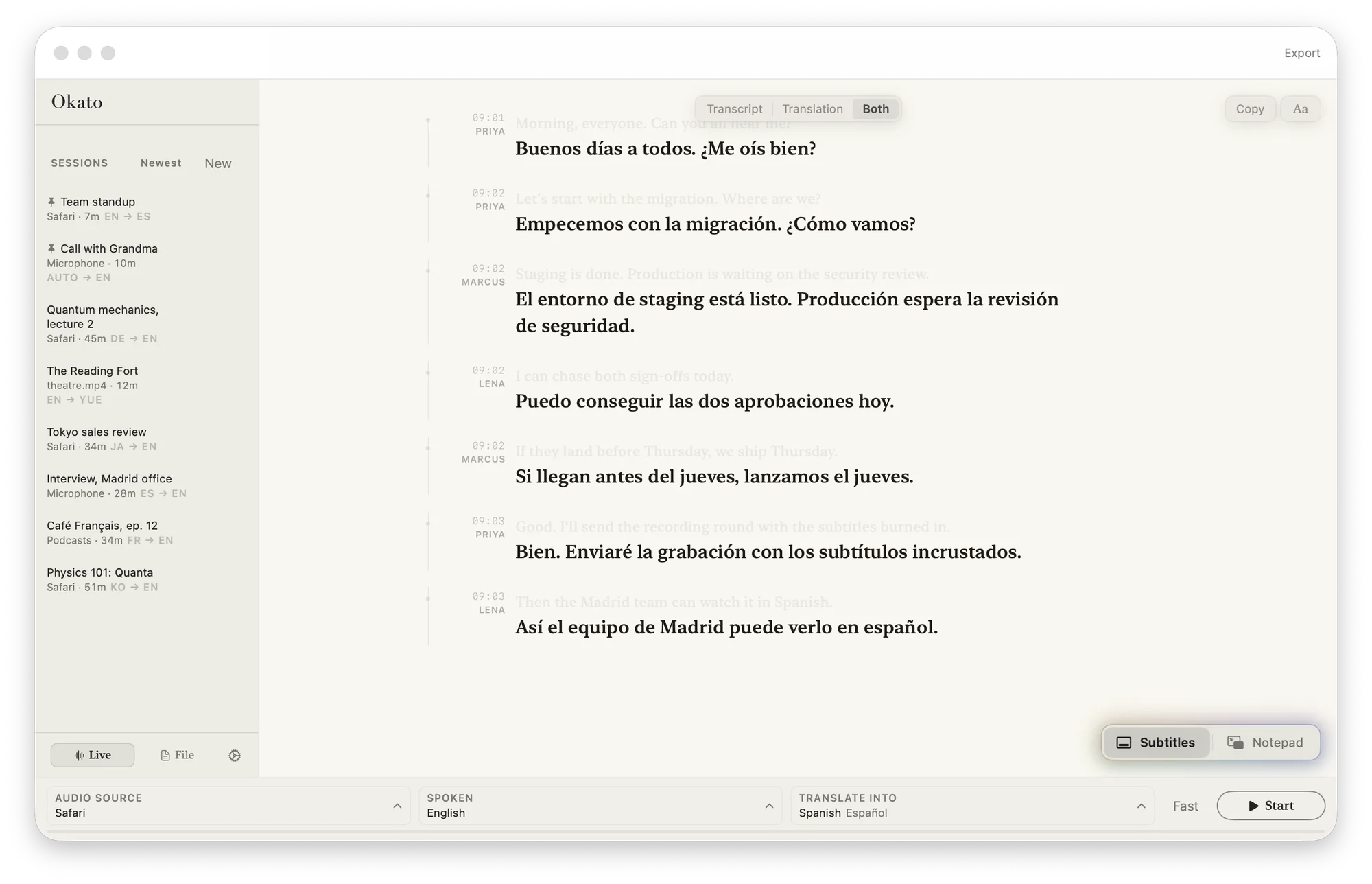 Okato's window in the Ivory reading theme: a team standup in English, translated into Spanish