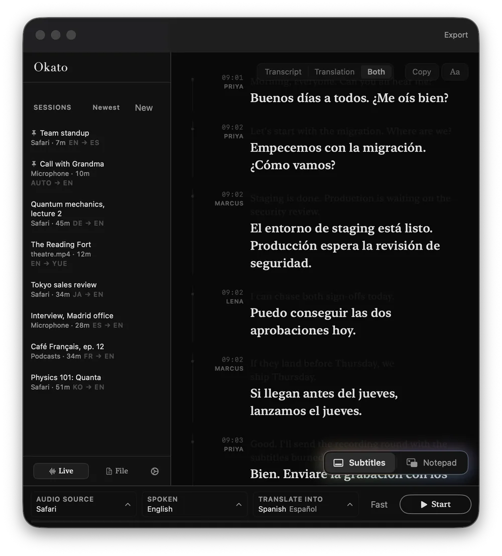 Okato's window in the Noir reading theme: a team standup in English, translated into Spanish