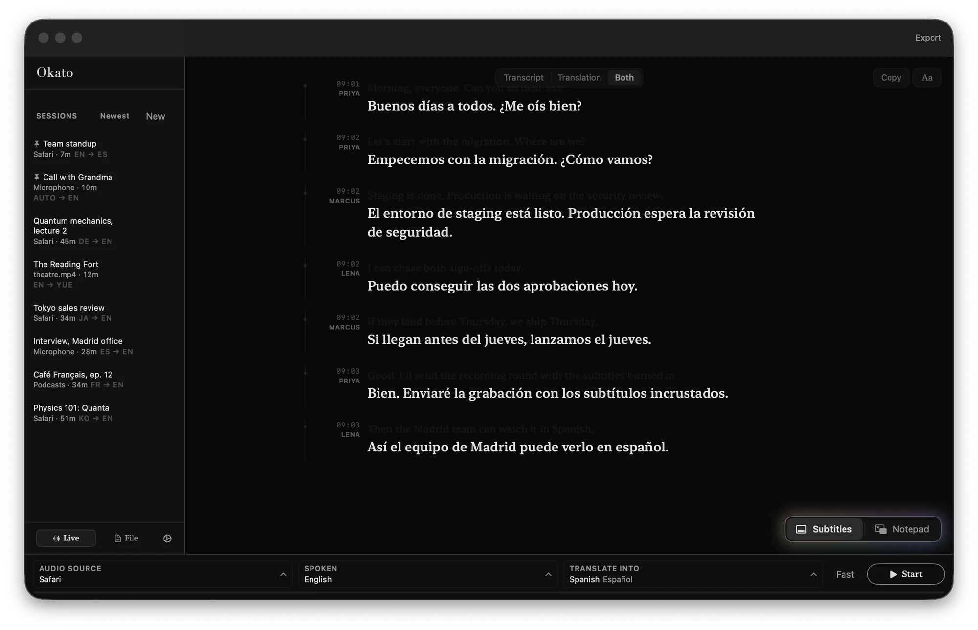 Okato's window in the Noir reading theme: a team standup in English, translated into Spanish