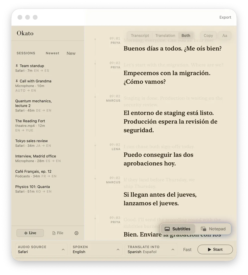 Okato's window in the Sepia reading theme: a team standup in English, translated into Spanish