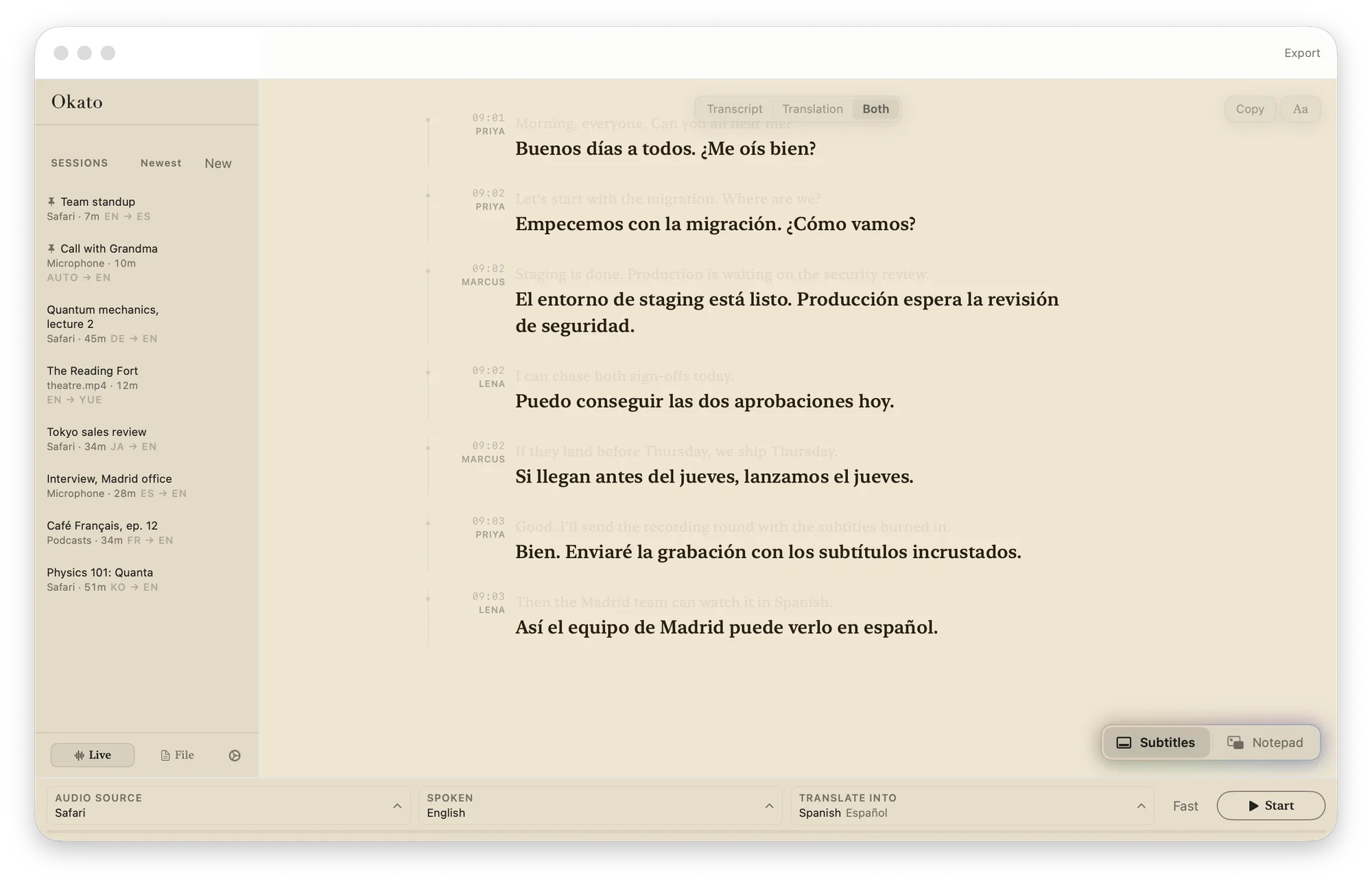 Okato's window in the Sepia reading theme: a team standup in English, translated into Spanish